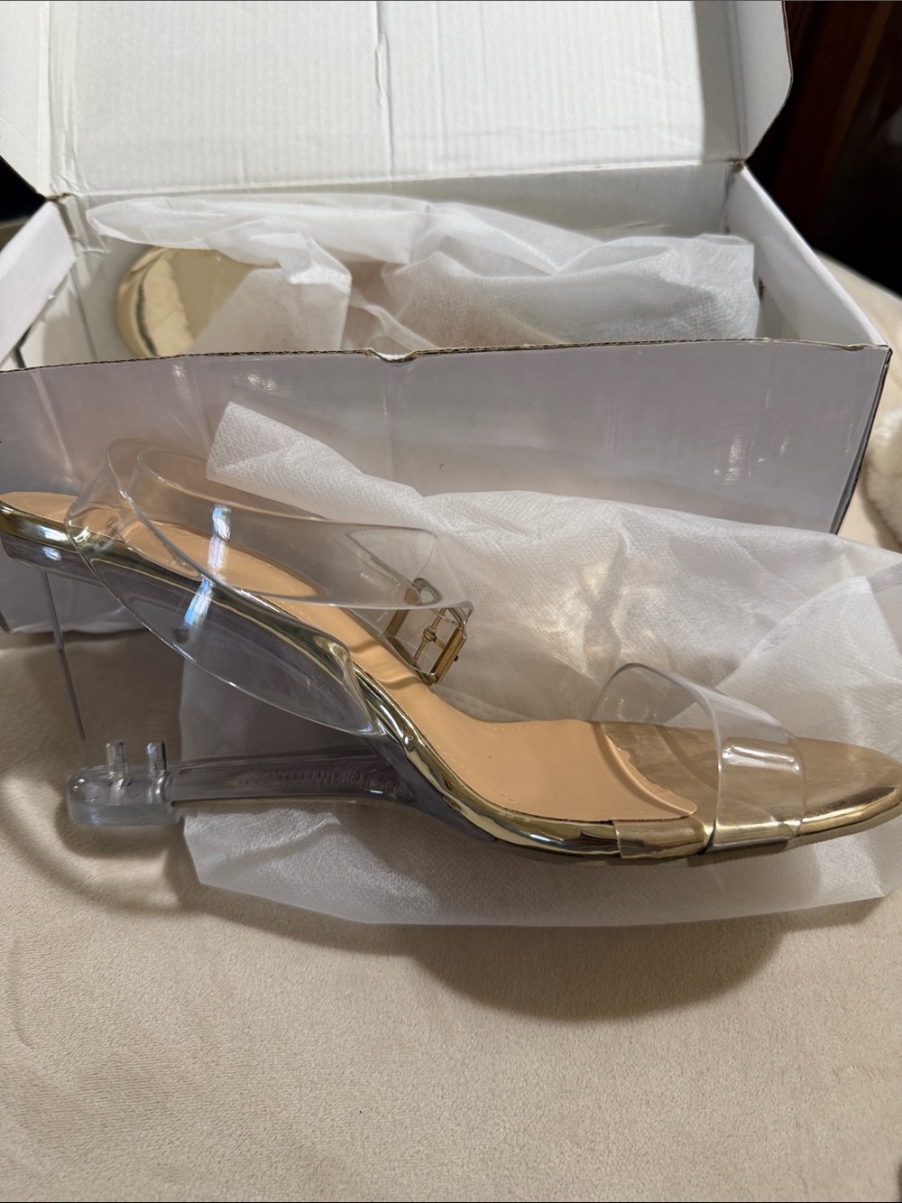 Clear Strap Wedge Sandal in Transparent and Gold - Women's